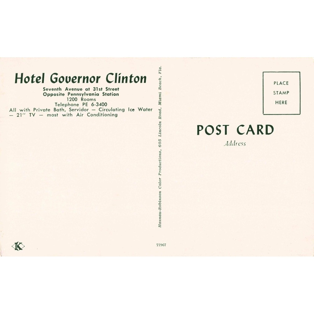 Vintage Hotel Governor Clinton New York City Postcard 7th Ave Penn Station View - Picture 2 of 2